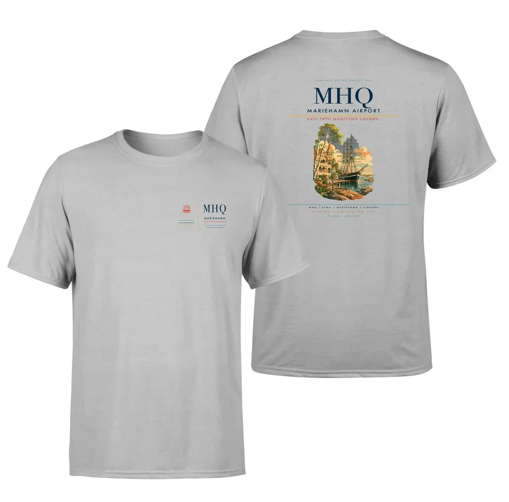 Mariehamn Airport (MHQ) design printed on light gray double-side t-shirt