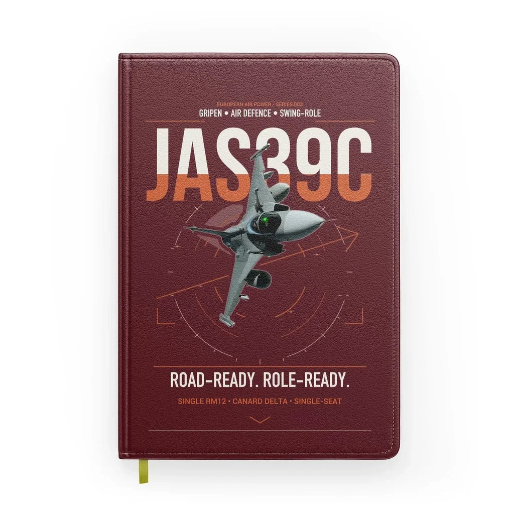 Saab JAS 39C Gripen design on dark red notebook