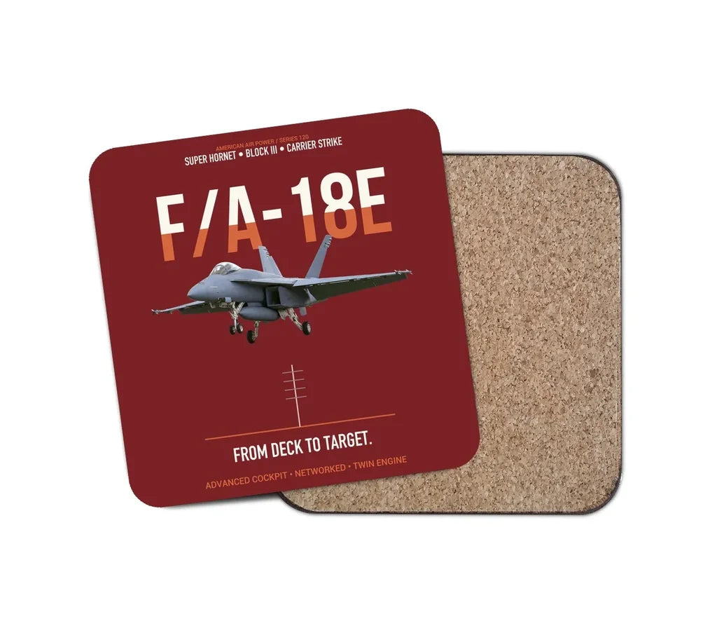 F-A-18E Super Hornet Block III From Deck To Target design on dark red 1 piece coaster