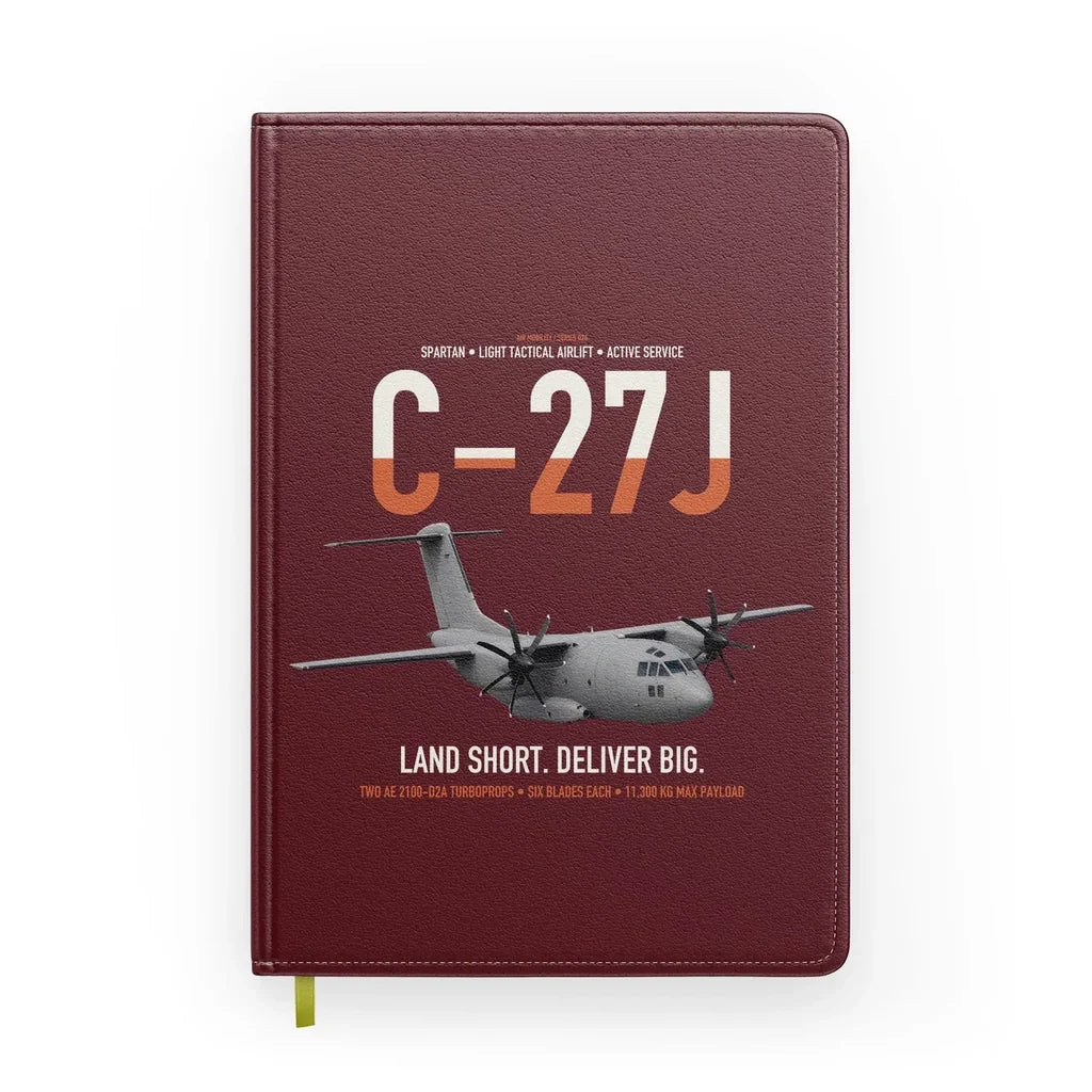 C-27J Spartan design on dark red notebook