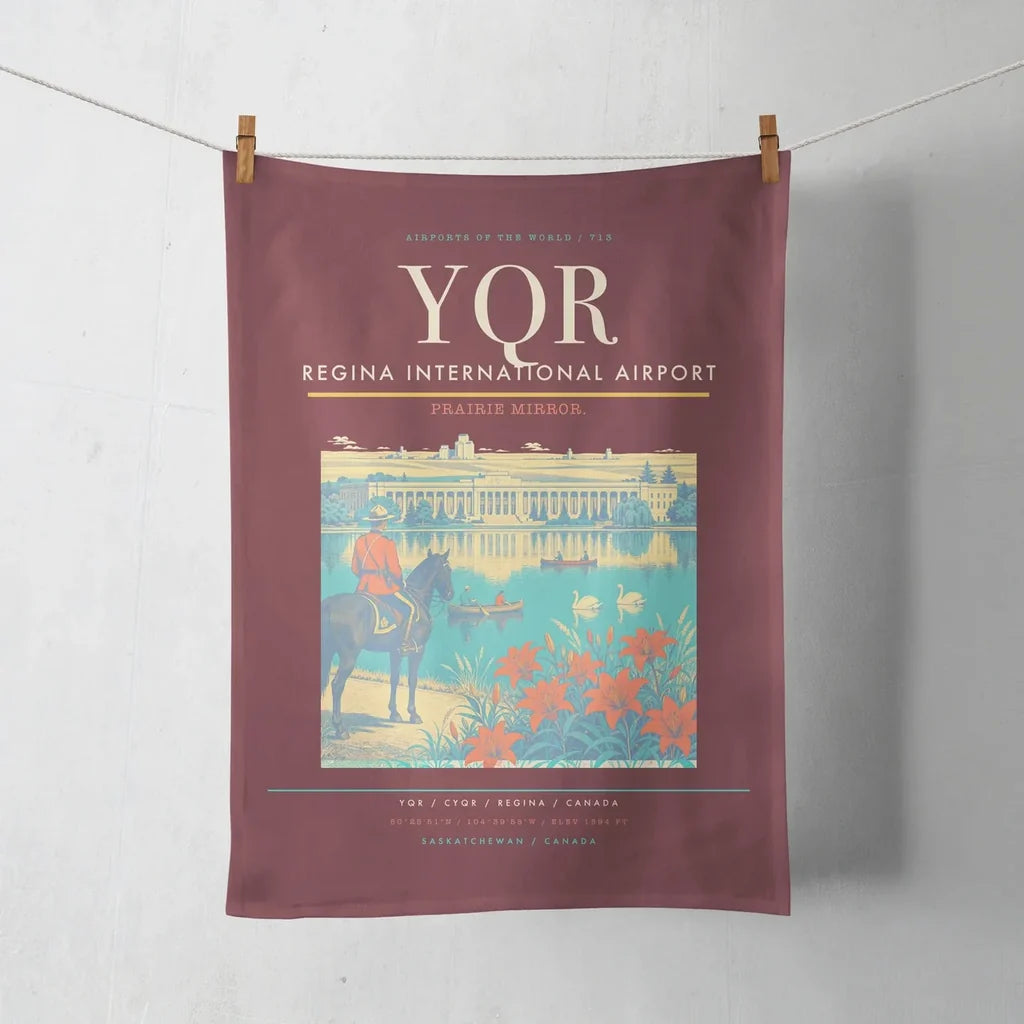 Regina International Airport (YQR) design on dark red towel