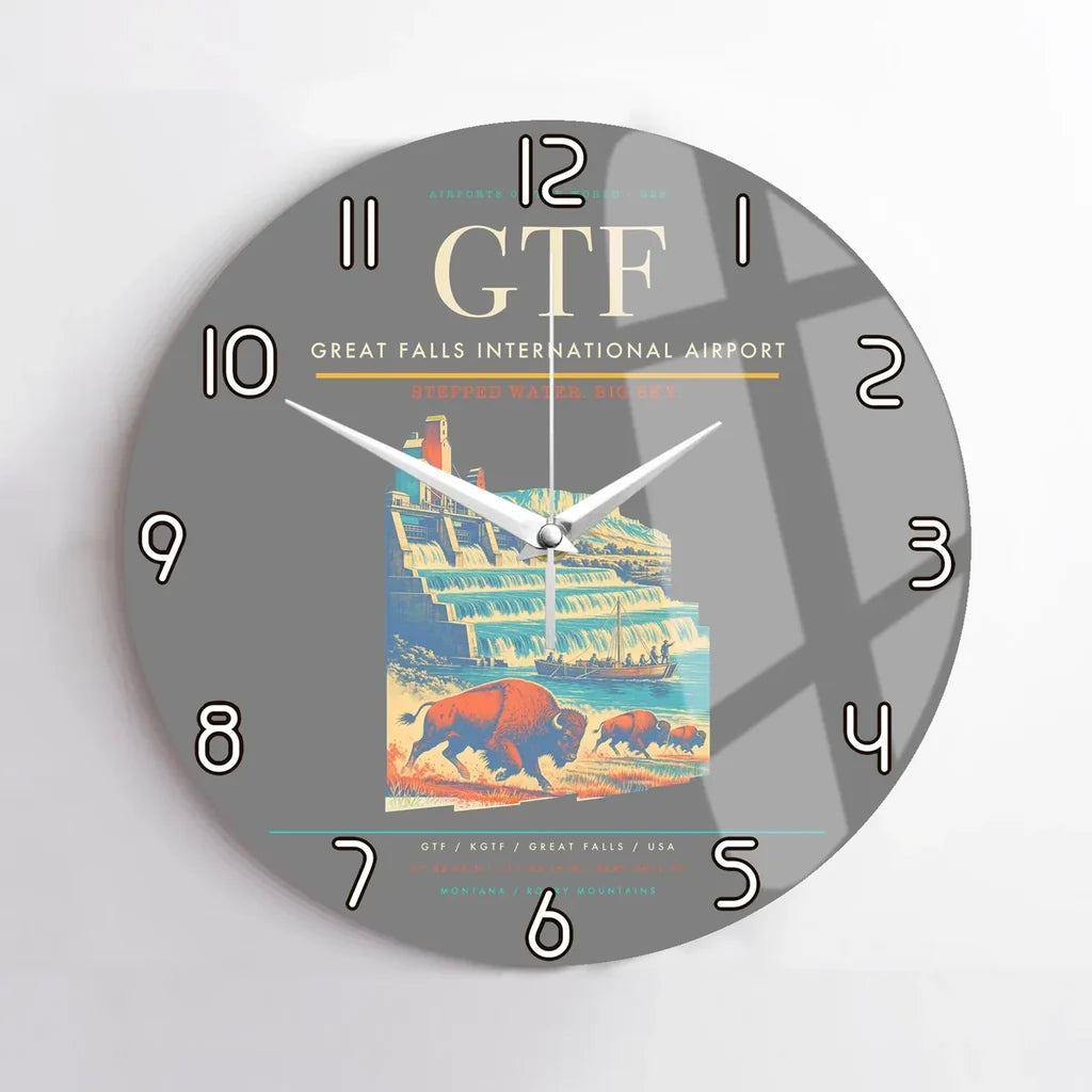 Great Falls International Airport (GTF) design on gray no frame wall clock