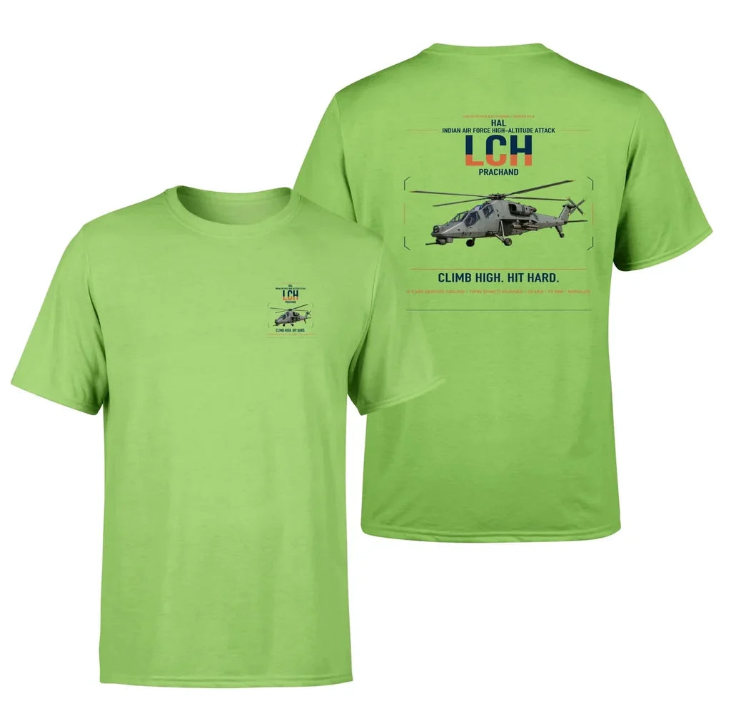 HAL LCH Prachand design on light green t-shirt, double-side print