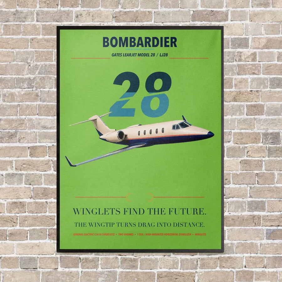 Bombardier Learjet 28 vertical canvas print - framed - light green background
