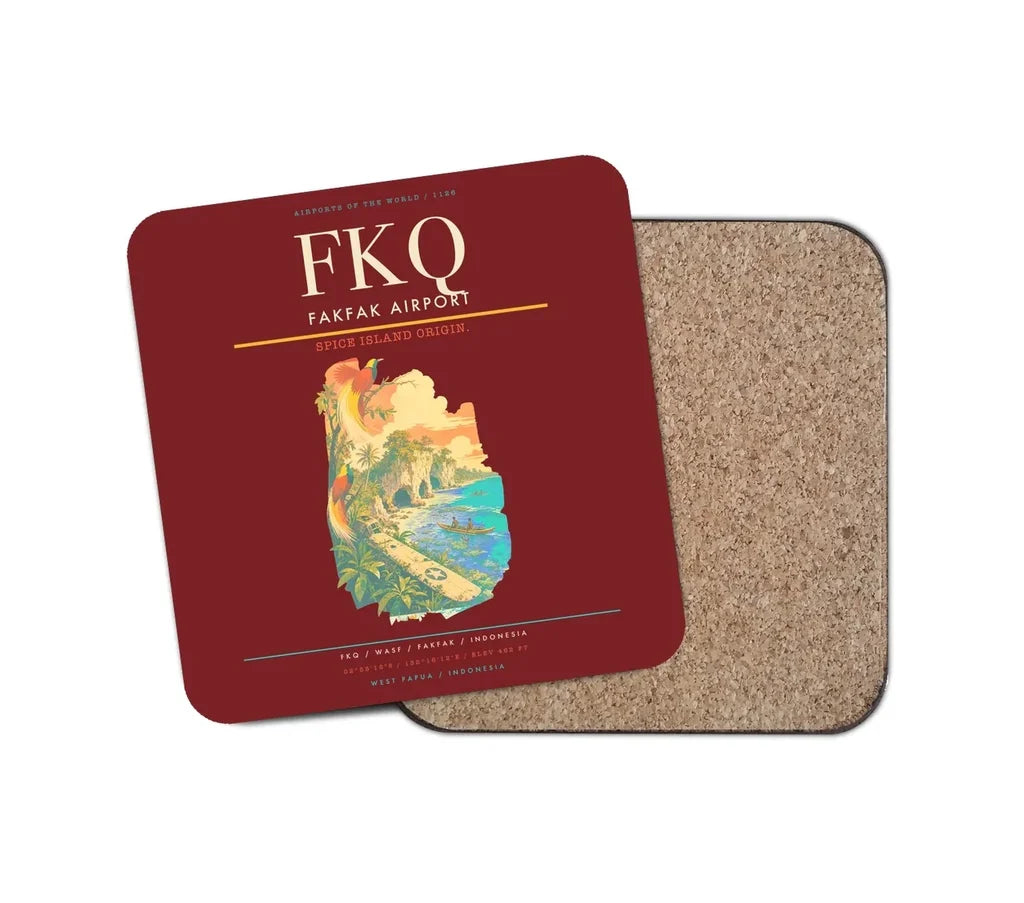 Fakfak Airport (FKQ) design on dark red 1 piece coaster