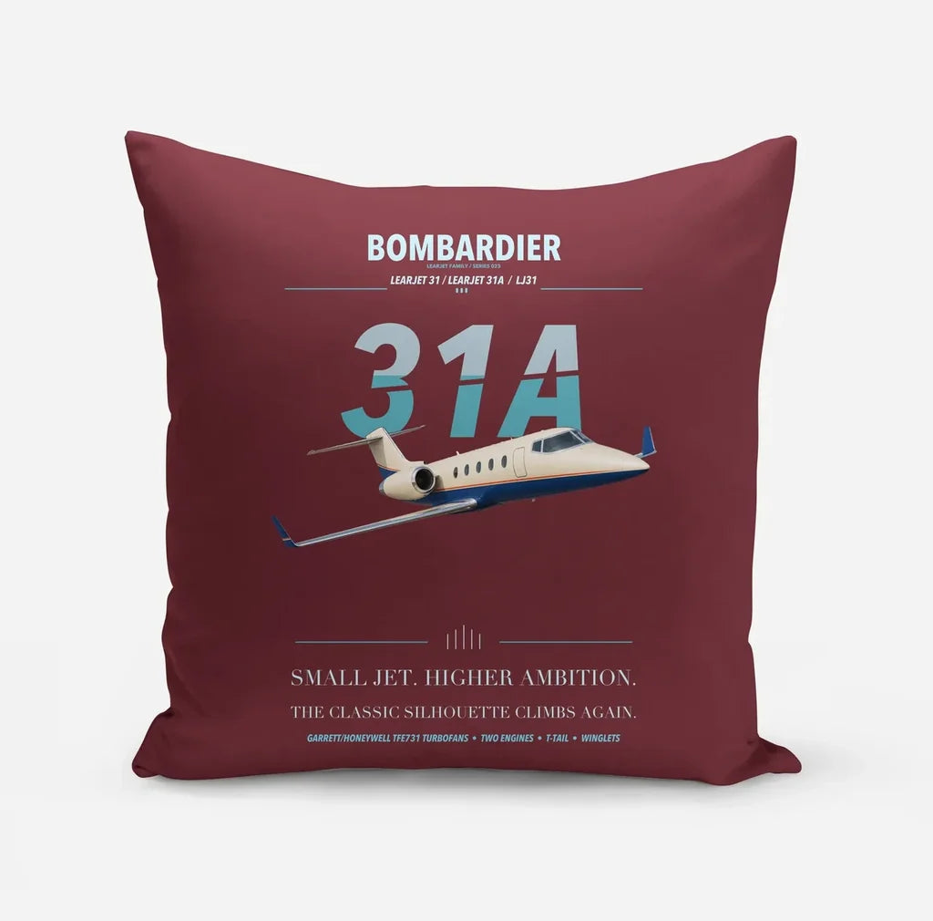Bombardier Learjet 31A design on dark red pillow