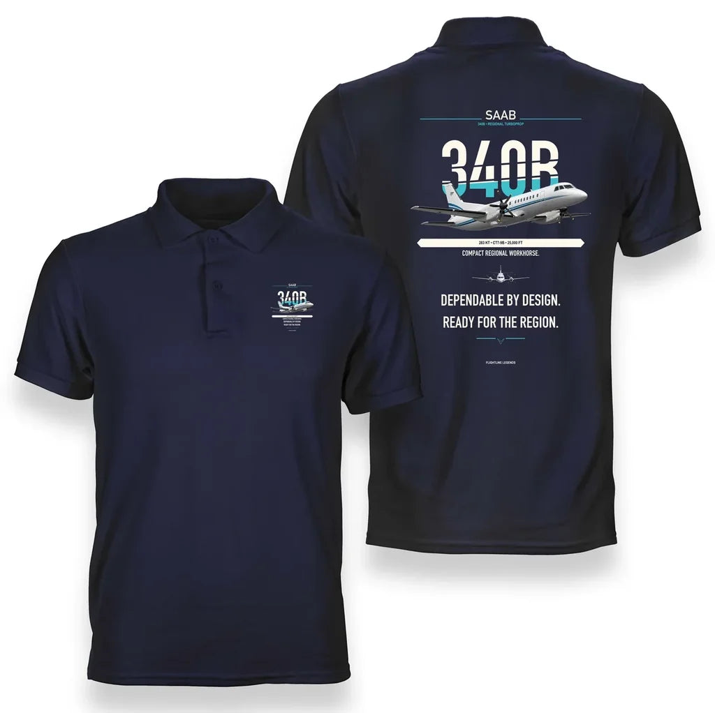Saab 340B design on navy blue polo