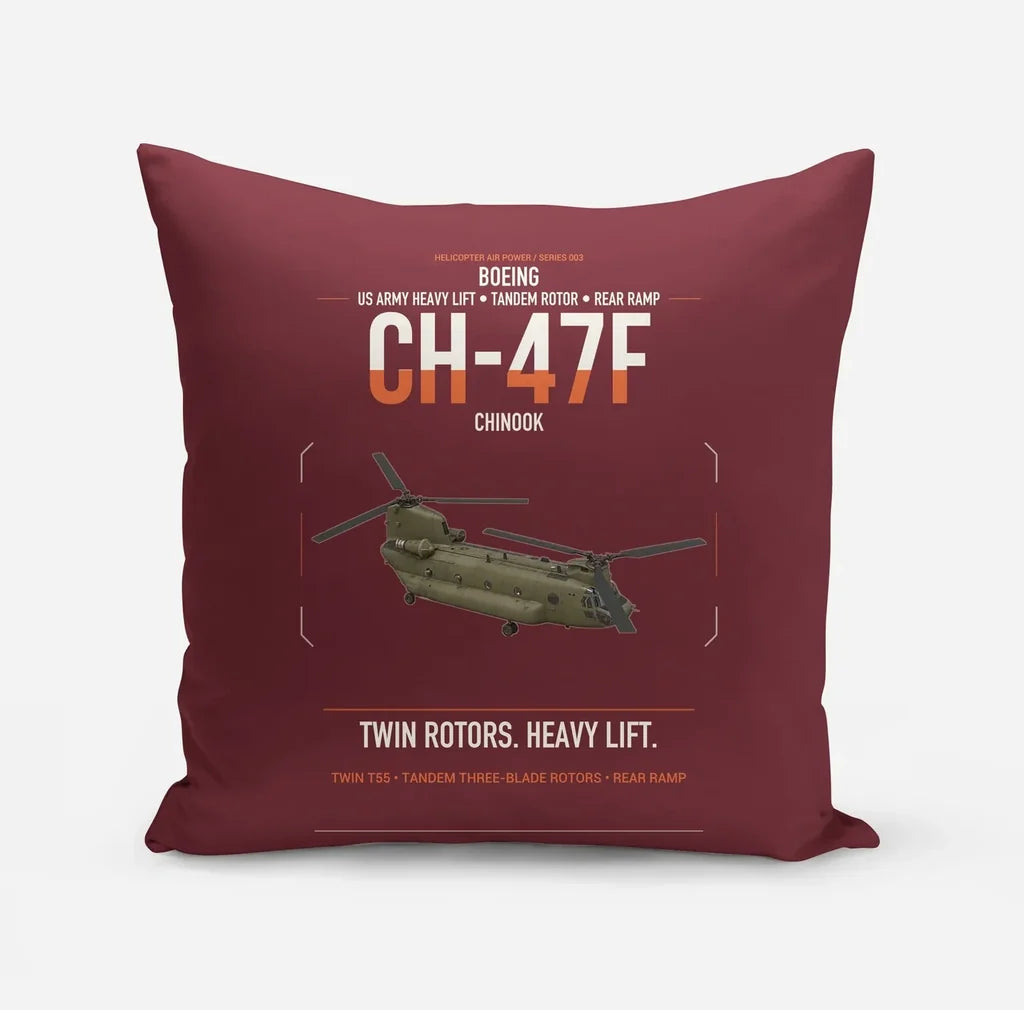 Boeing CH-47F Chinook design on dark red pillow