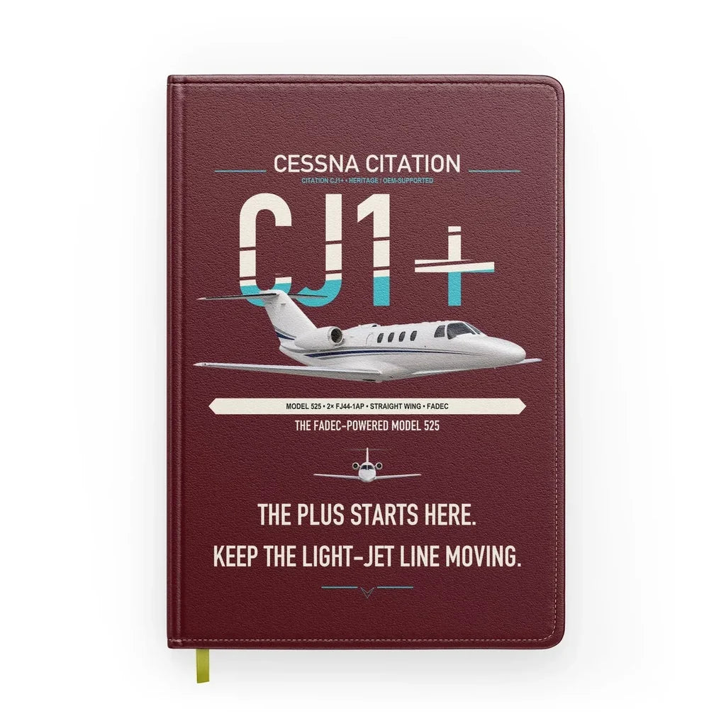 Cessna Citation CJ1+ design on dark red notebook