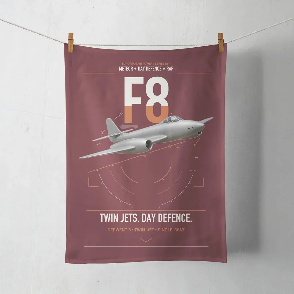 Gloster Meteor F8 design on dark red towel