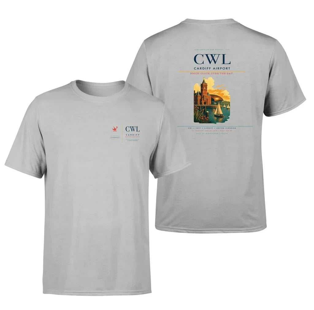 Cardiff Airport (CWL) design printed on light gray double-side t-shirt