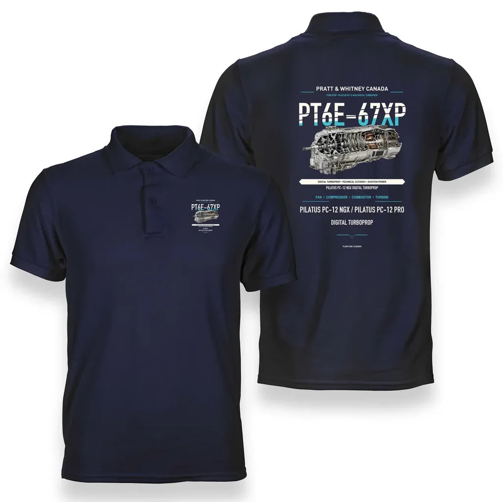 PT6E-67XP design on navy blue polo