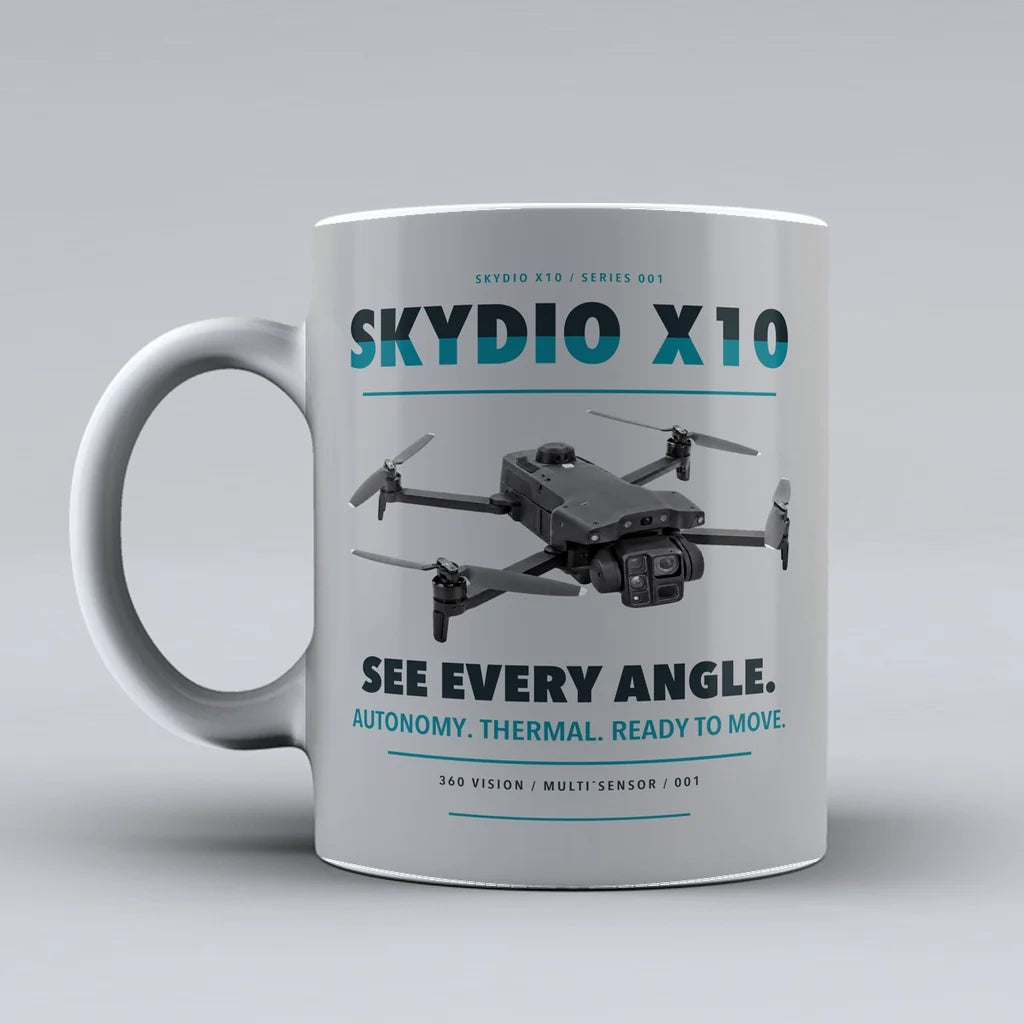 X10 Mug design on light gray skydio