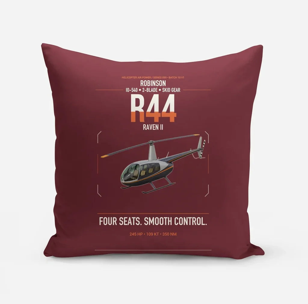 Robinson R44 Raven II design on dark red pillow