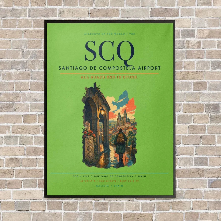 Santiago de Compostela Airport SCQ vertical canvas print - framed - light green background