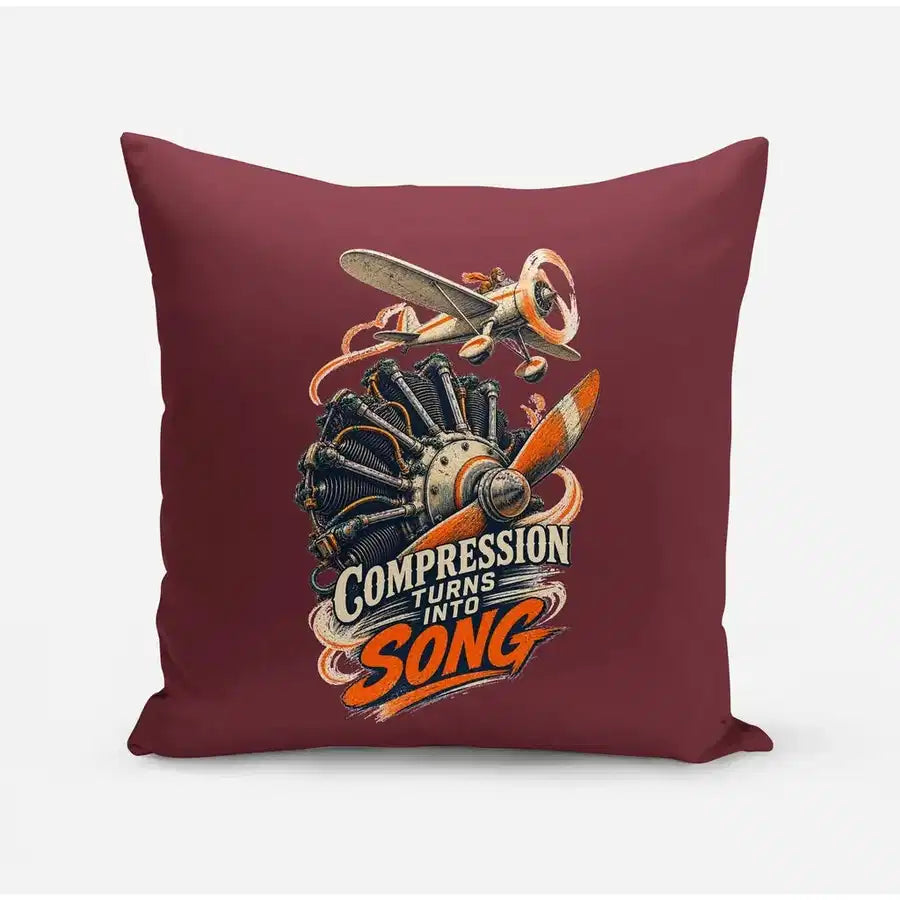 Compression Turns Into Song design on dark red pillow