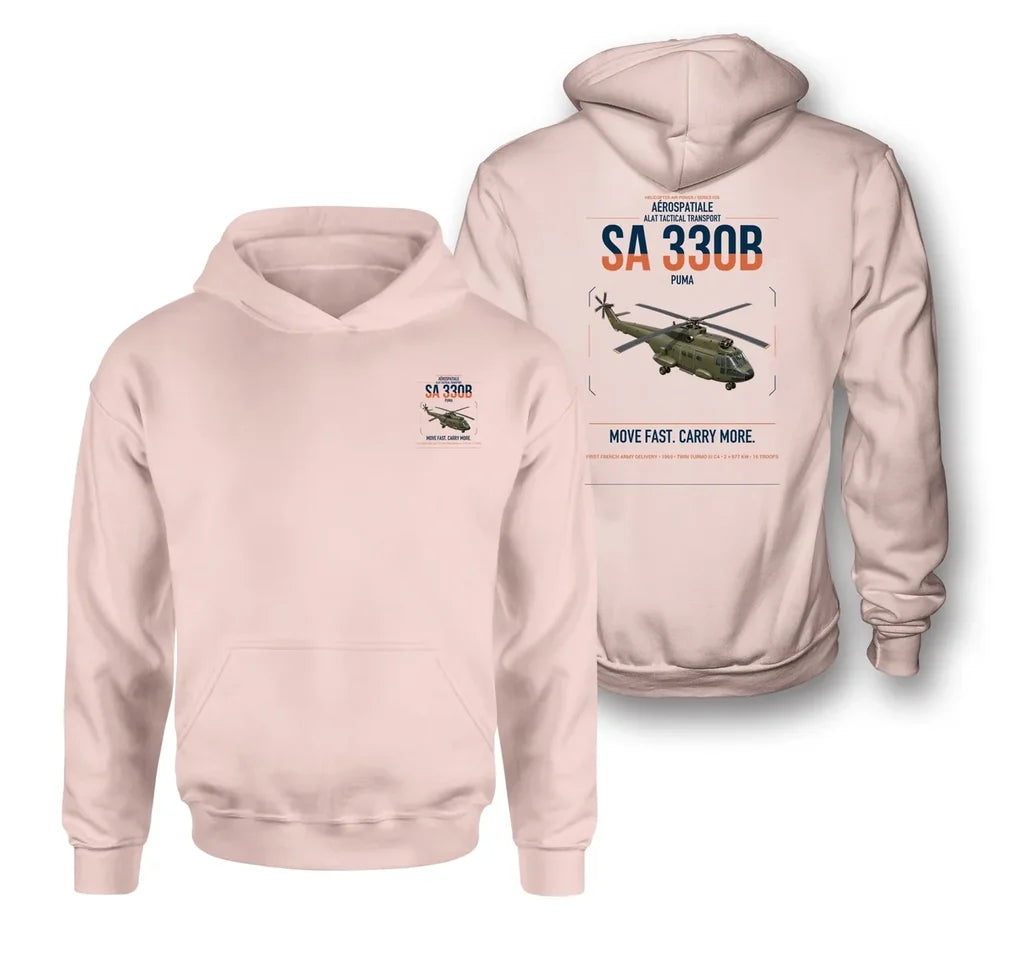 Aérospatiale SA 330B Puma design on pink double-side hoodie, double-side print