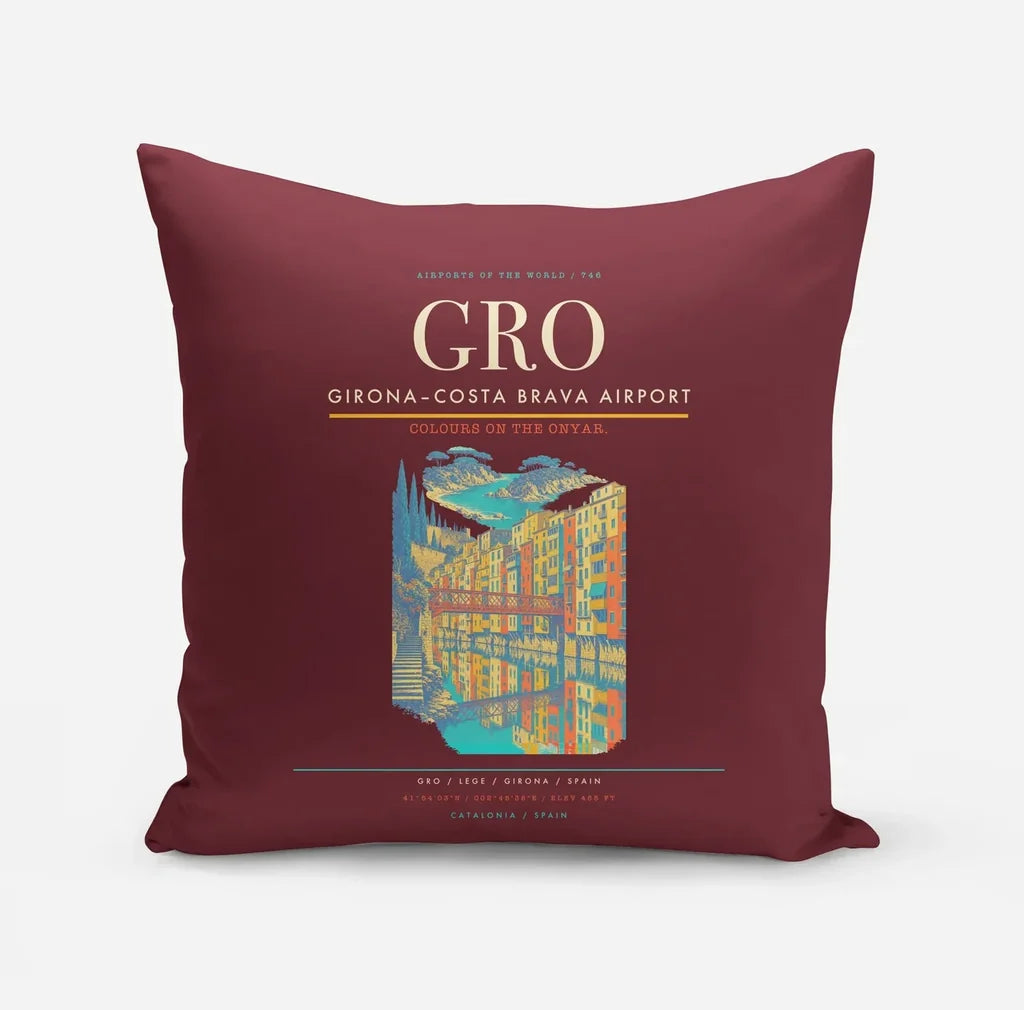 Girona–Costa Brava Airport (GRO) design on dark red pillow