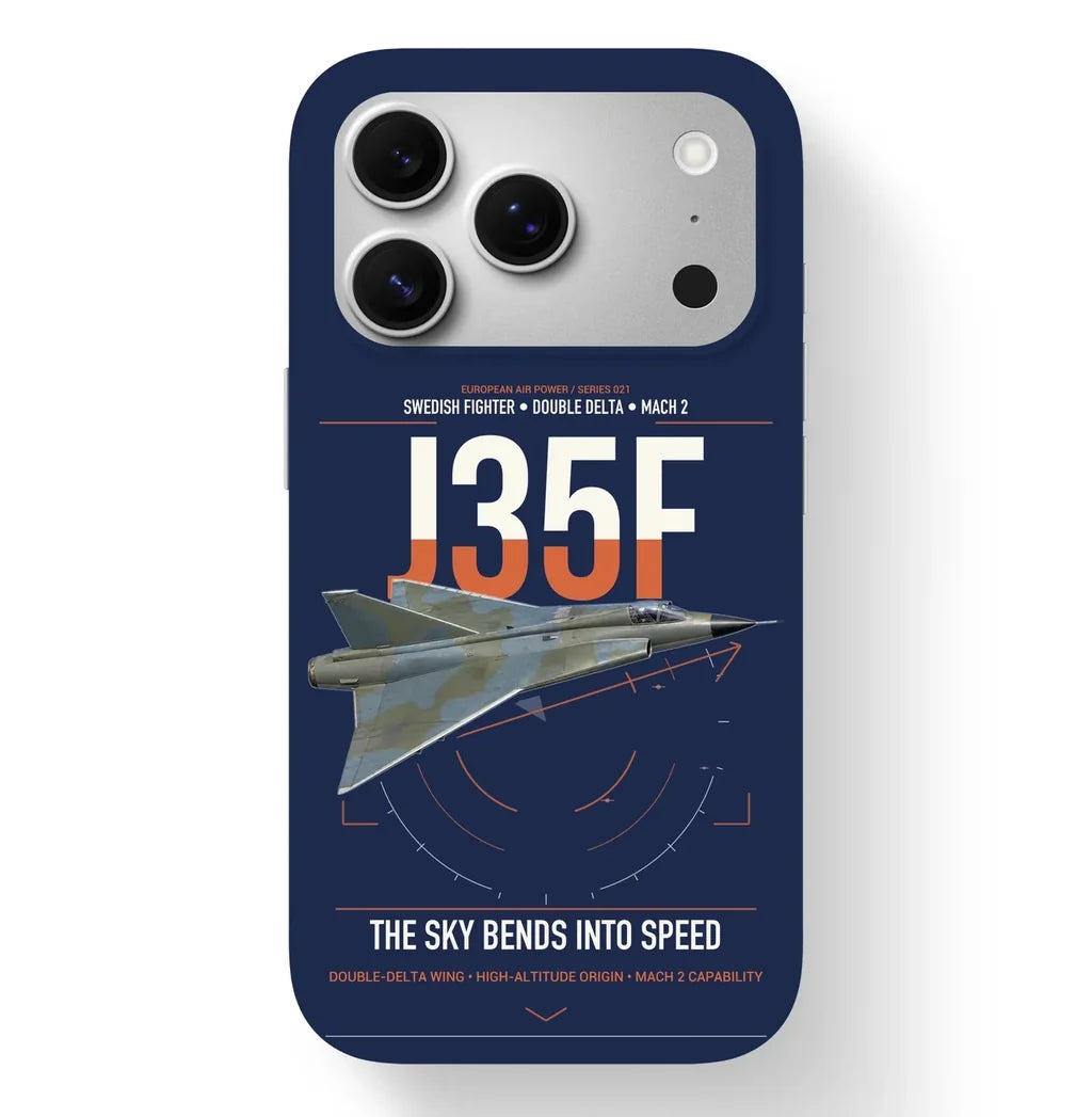 Saab J 35F Draken design on navy blue magsafe iphone case, for iPhone 17 Pro