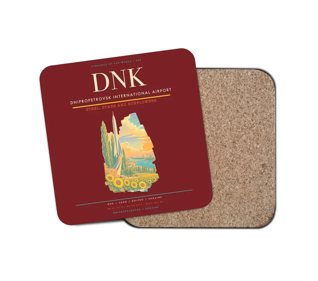 Dnipropetrovsk International Airport (DNK) design on dark red 1 piece coaster