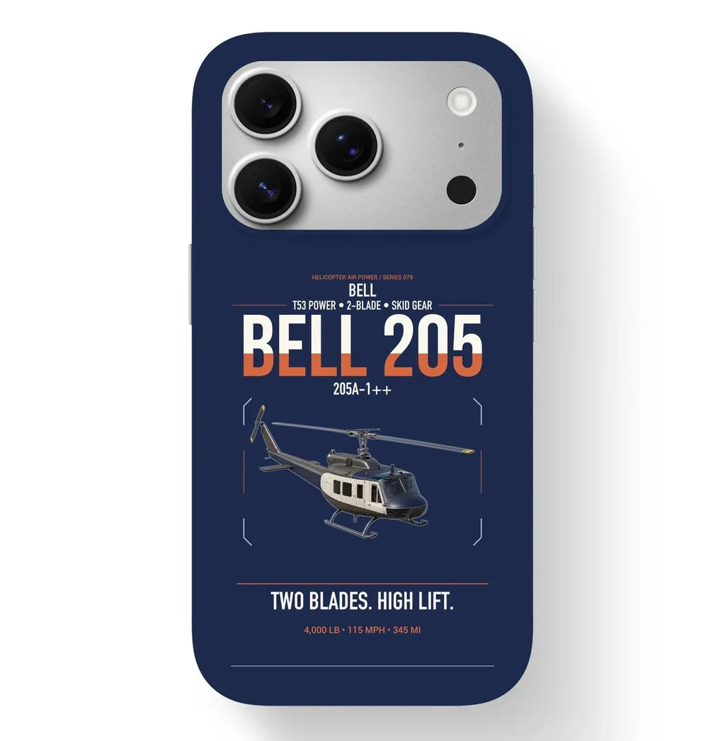 Bell 205A-1++ design on navy blue magsafe iphone case, for iPhone 17 Pro