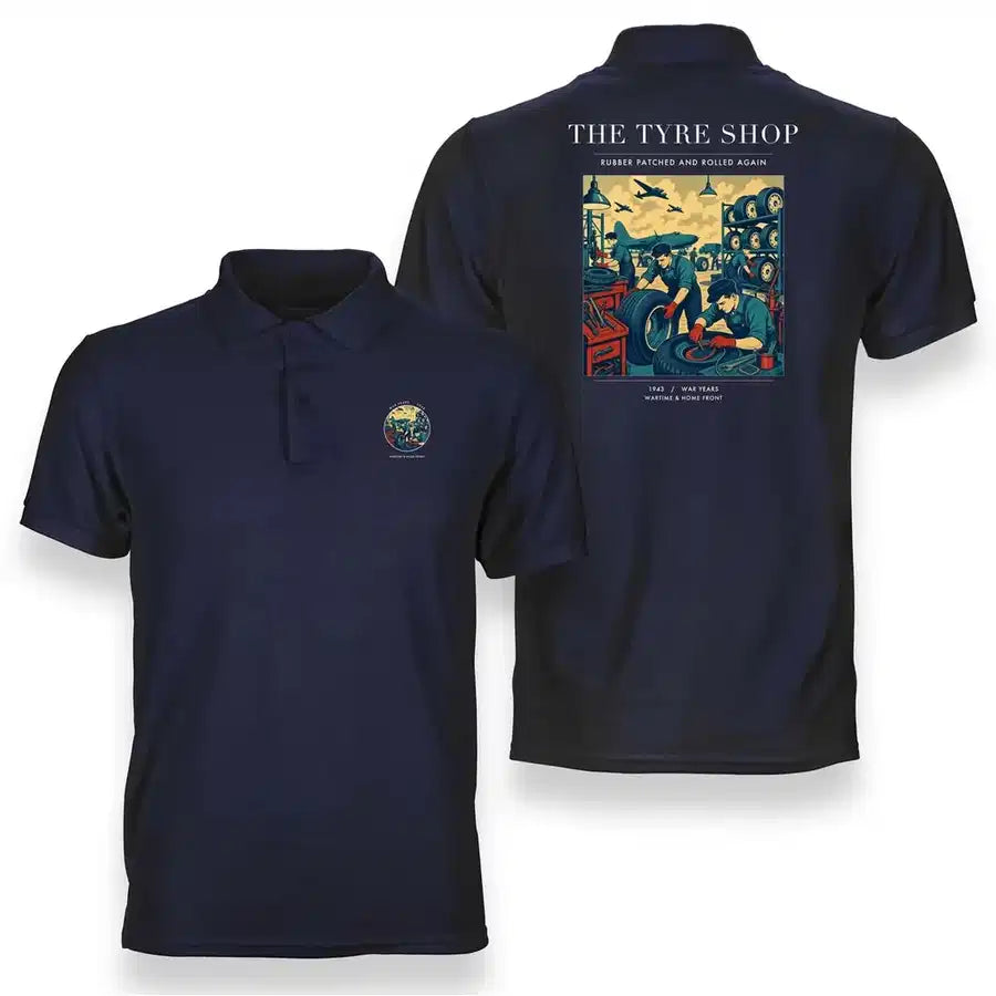 VINTAGE G4535 - The Tyre Shop - Double-Side Polo T-Shirt design on navyblue