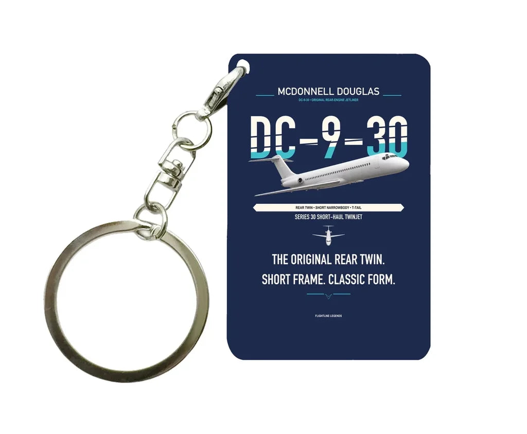 McDonnell Douglas DC-9-30 design on navy blue designed key chain, double-side print