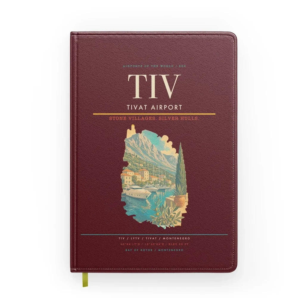 Tivat Airport (TIV) design on dark red notebook