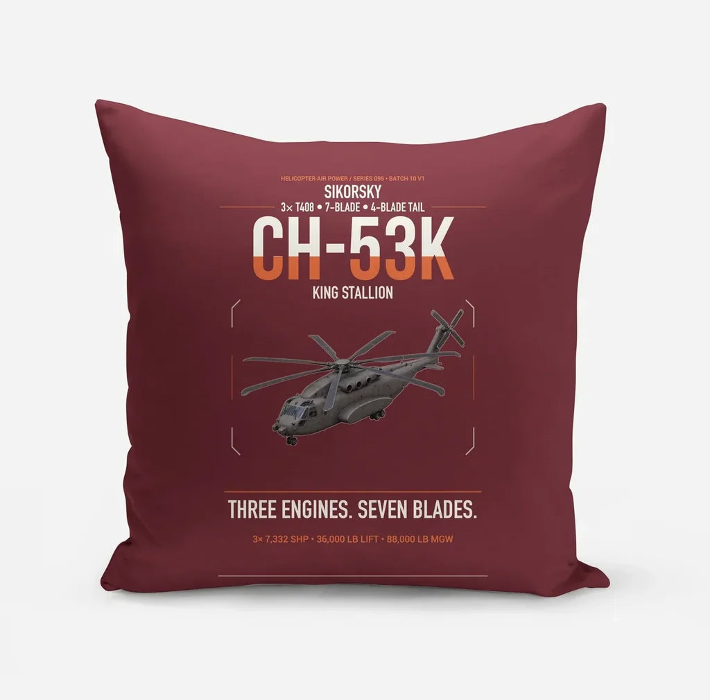 Sikorsky CH-53K King Stallion design on dark red pillow
