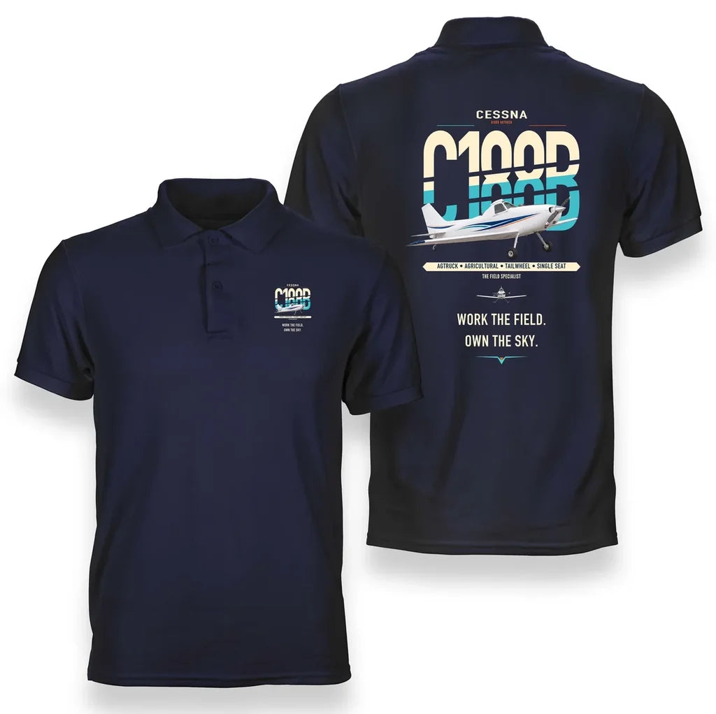 Cessna A188B AgTruck design on navy blue double-side polo t-shirt, double-side print