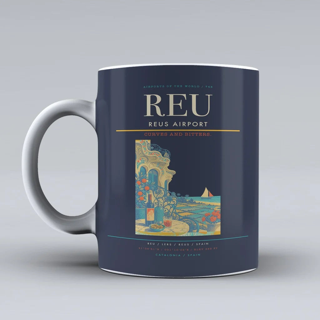 Reus Airport (REU) airport code design on dark blue ceramic mug