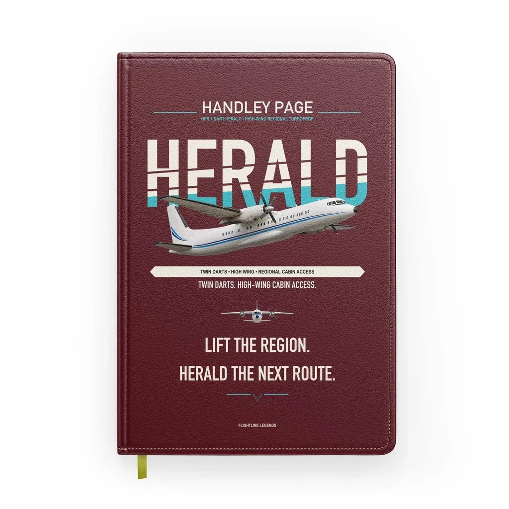 Handley Page HPR.7 Dart Herald design on dark red notebook