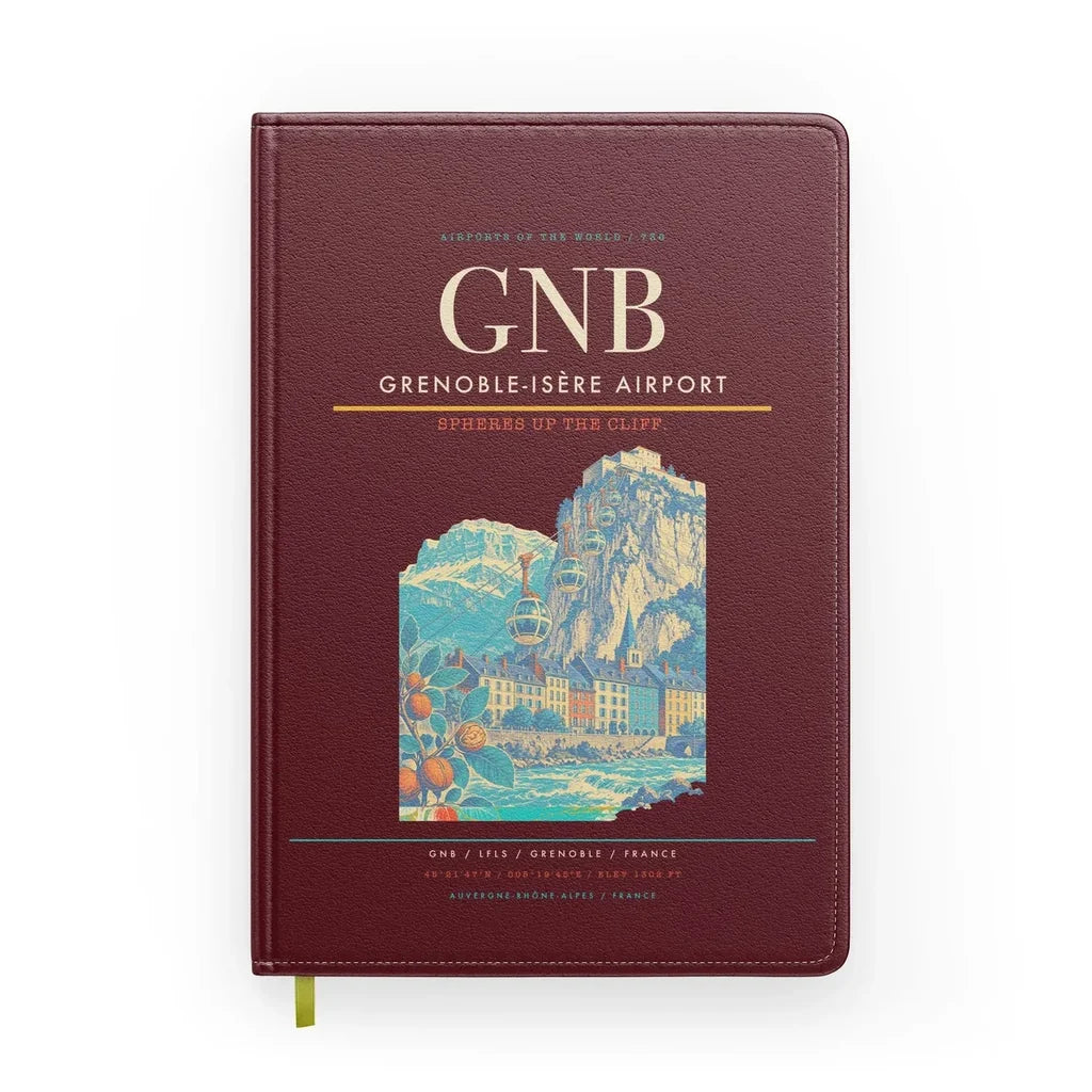 Grenoble-Isère Airport (GNB) design on dark red notebook