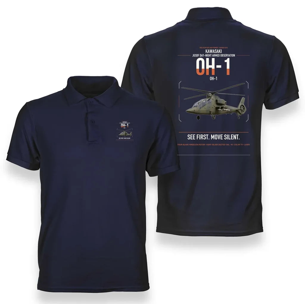 Kawasaki OH-1 design on navy blue double-side polo t-shirt, double-side print