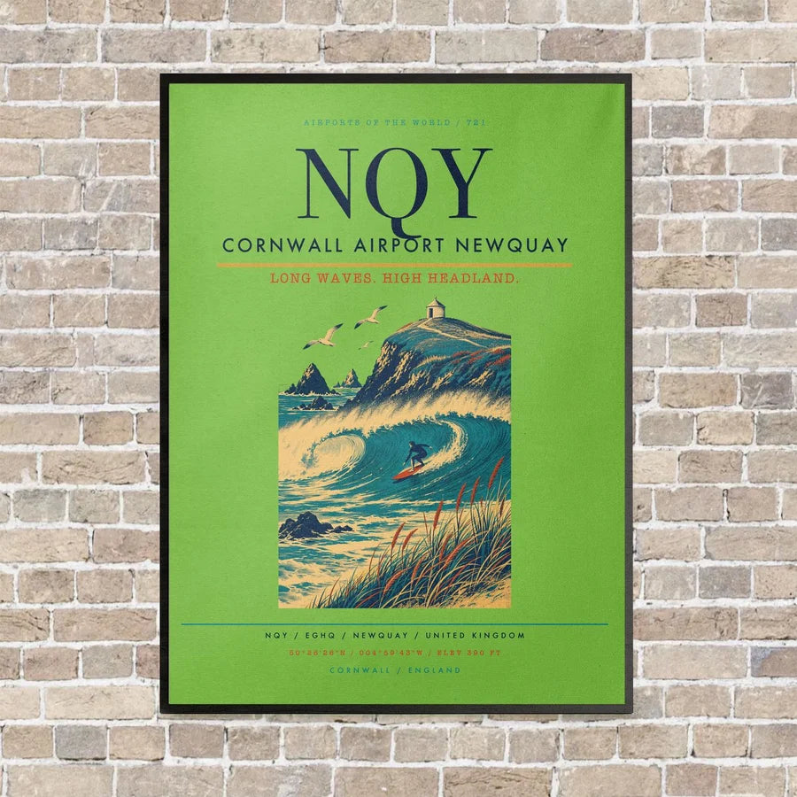 Cornwall Airport Newquay NQY vertical canvas print - framed - light green background