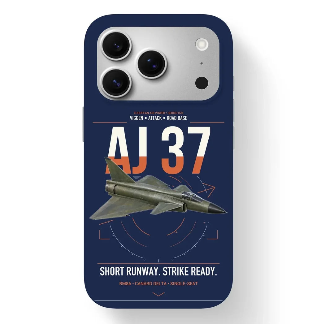 Saab AJ 37 Viggen design on navy blue magsafe iphone case, for iPhone 17 Pro