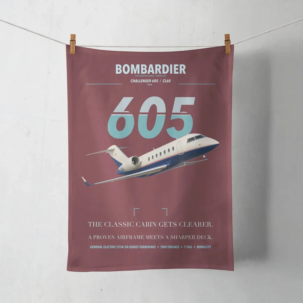Bombardier Challenger 605 design on dark red towel