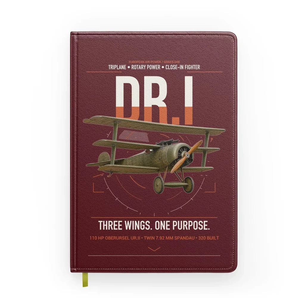 Fokker Dr.I design on dark red notebook