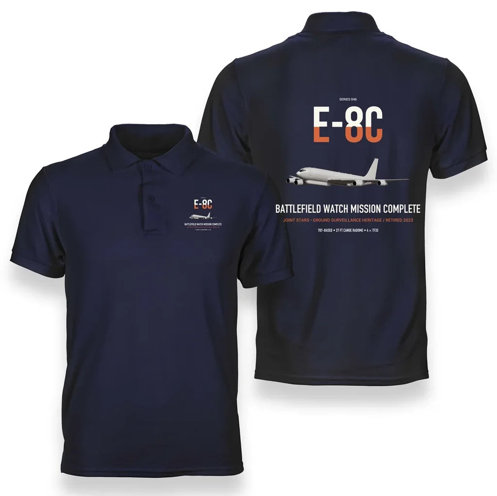 E-8C Joint STARS design on navy blue double-side polo t-shirt, double-side print