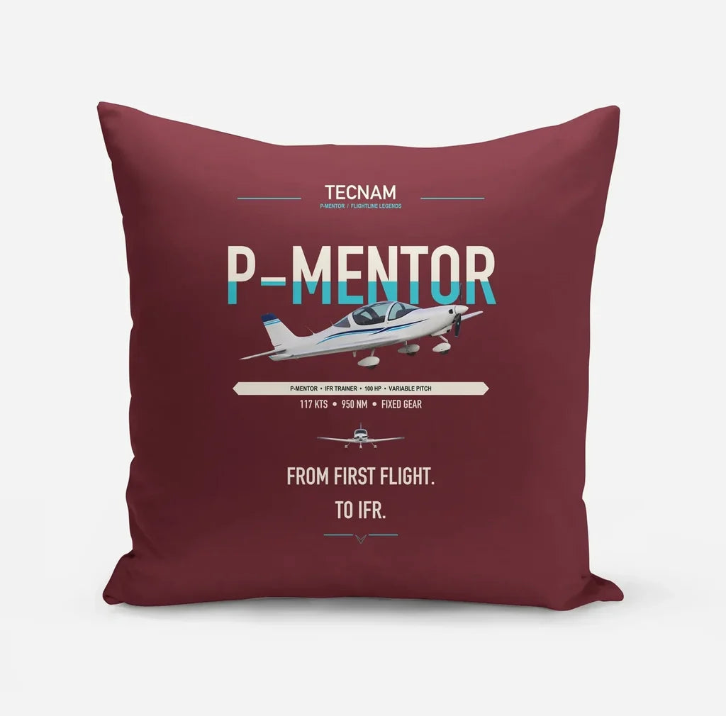 Tecnam P-Mentor design on dark red pillow