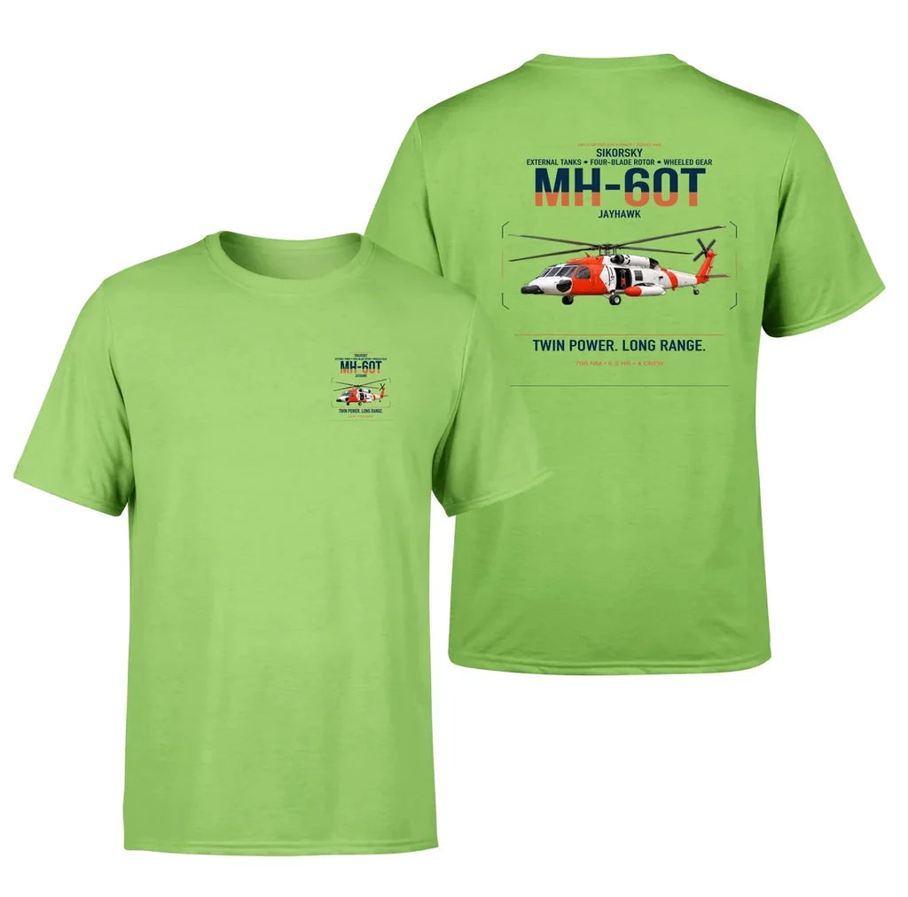Sikorsky MH-60T Jayhawk design on light green t-shirt, double-side print
