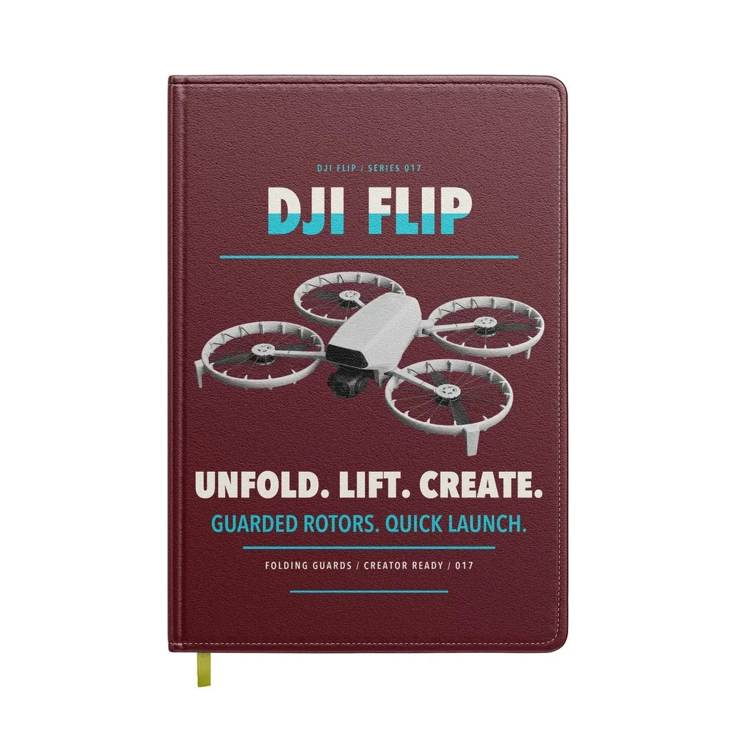 DJI Flip design on dark red notebook
