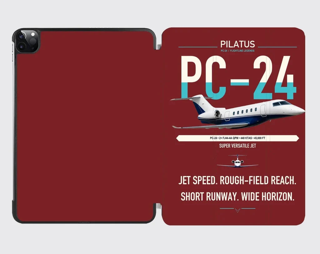Pilatus PC-24 design on dark red ipad tablet case