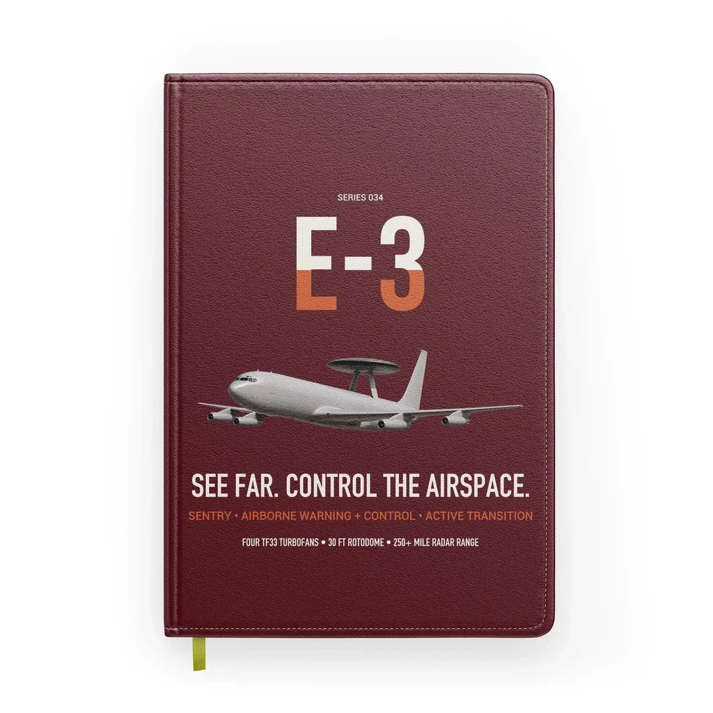 E-3 Sentry AWACS design on dark red notebook