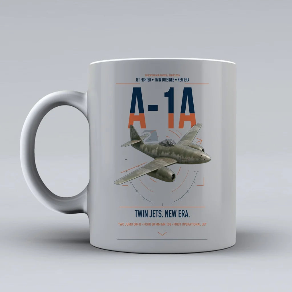 Messerschmitt Me 262A-1a design on light gray ceramic mug, double-side print