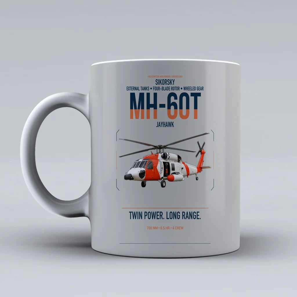 Sikorsky MH-60T Jayhawk design on light gray ceramic mug, double-side print