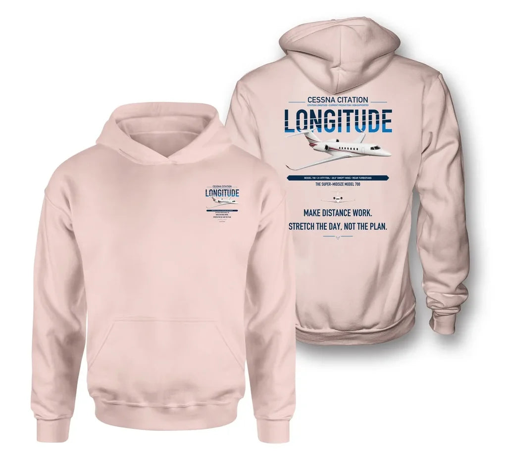 Cessna Citation Longitude design on pink double-side hoodie, double-side print
