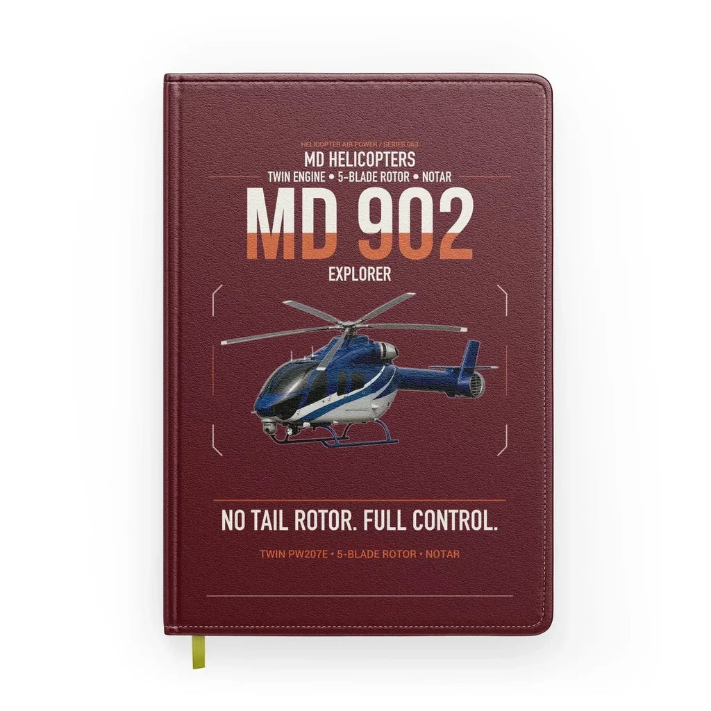 MD Helicopters MD 902 Explorer design on dark red notebook