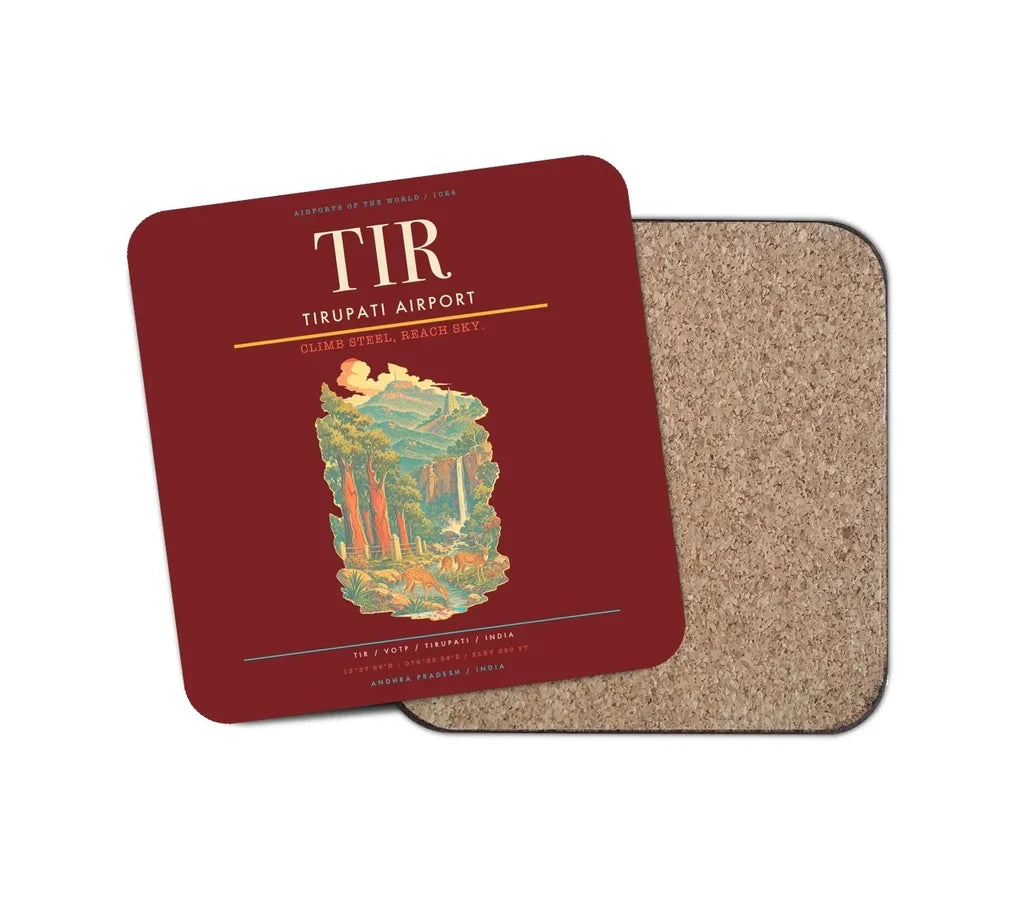 Tirupati Airport (TIR) design on dark red 1 piece coaster