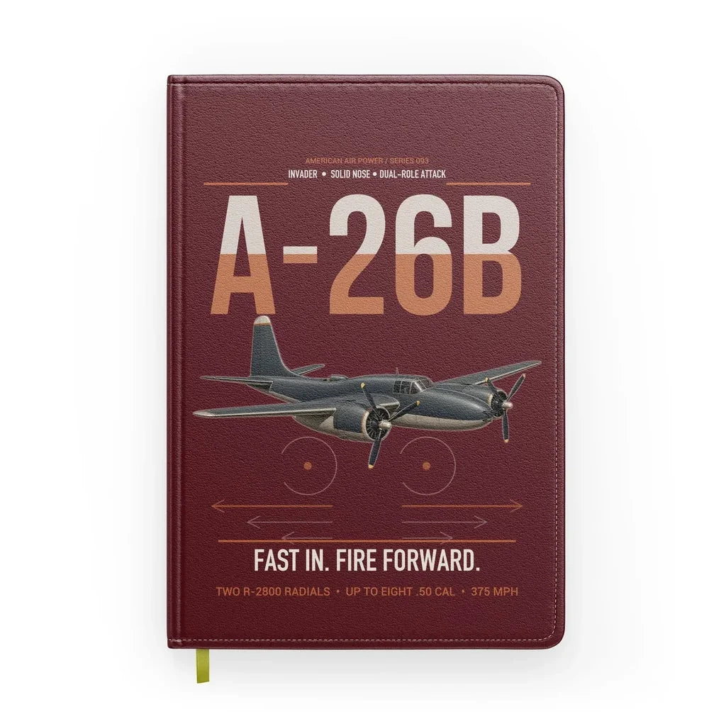 A-26B Invader design on dark red notebook